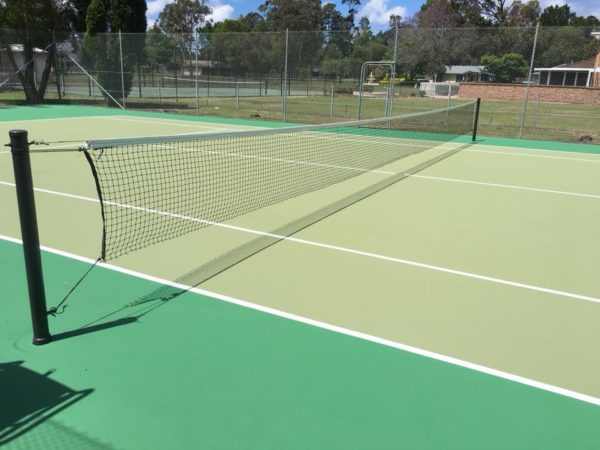 Tennis Court Resurfaced with ACRYLMERIC Sportscote in Greens by Terrace Paints