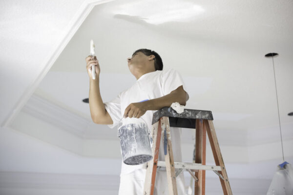 A house painter stands on a ladder to paint the ceiling.  rr